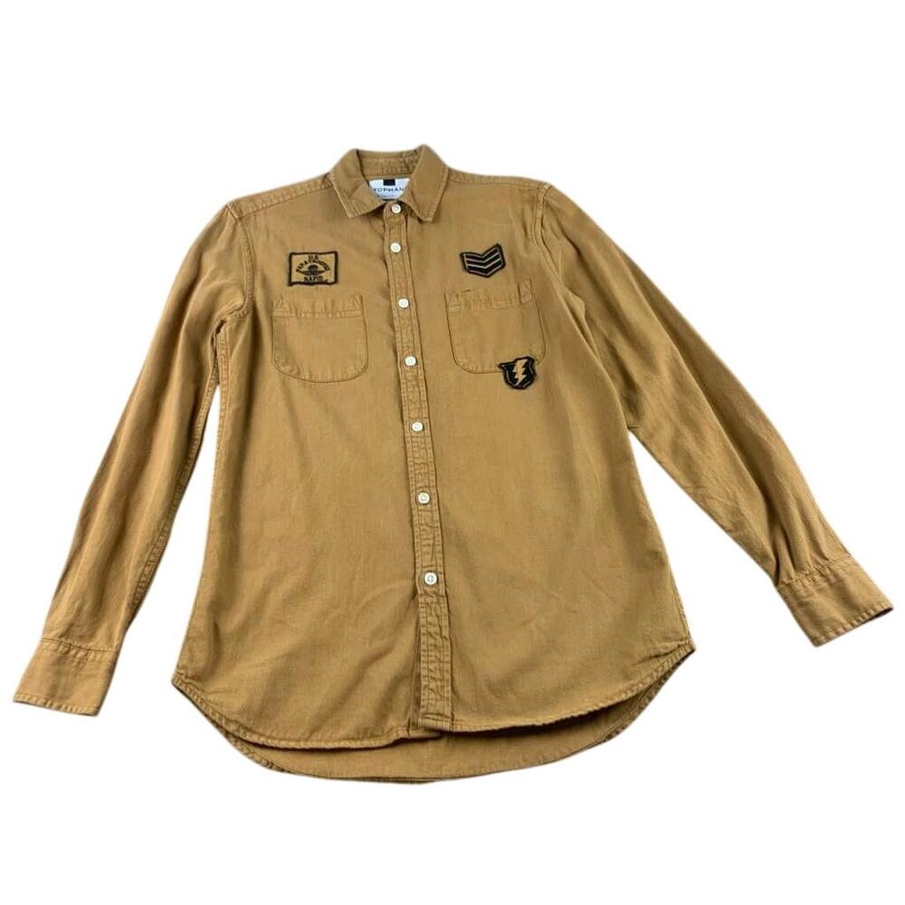 Topman Topshop Button Down Shirt Men S Tan Military Patches Collared Long Sleeve